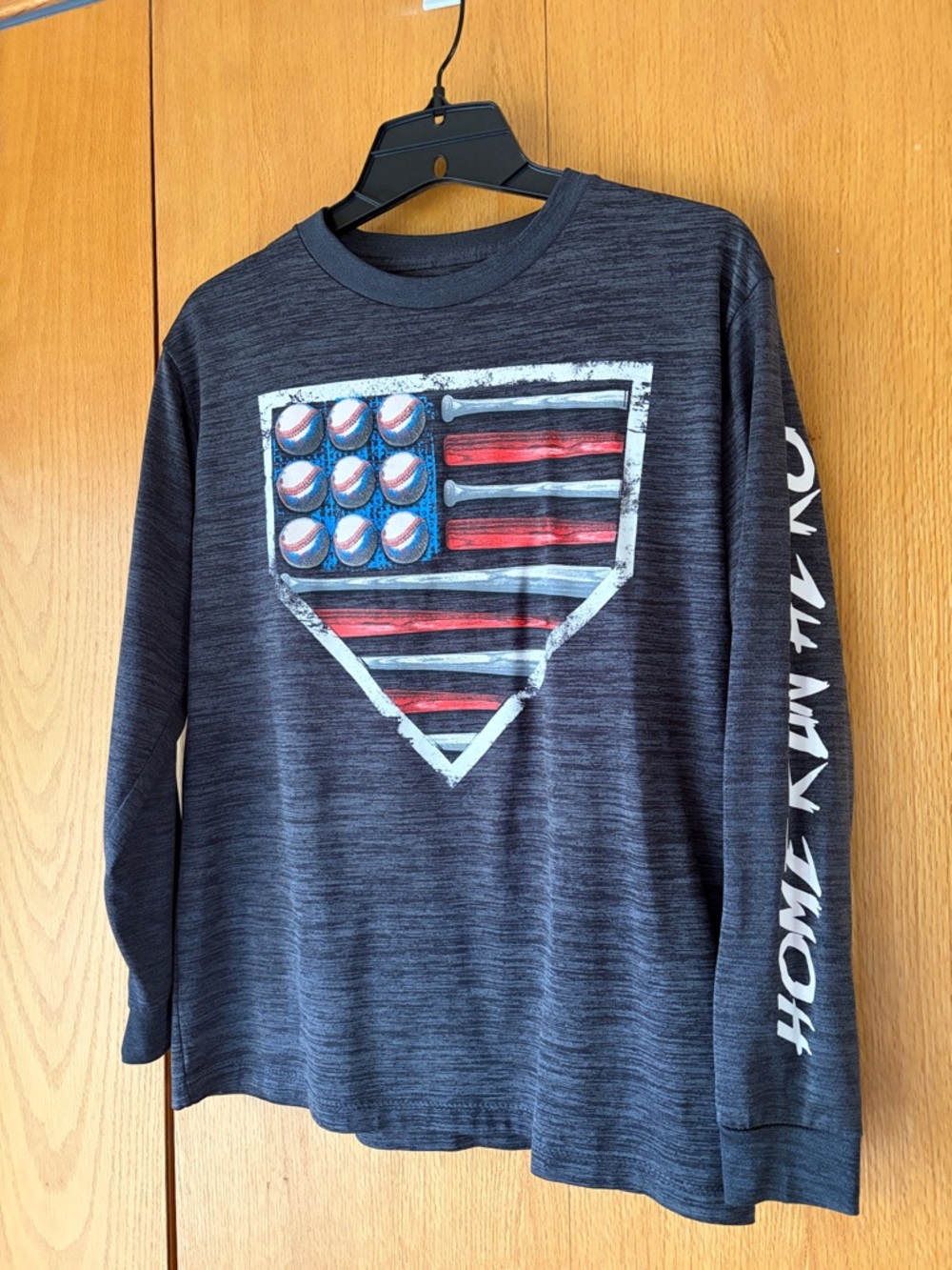 Tek Gear BASEBALL home run hero LS gray tee graphic t shirt flag home plate EUC